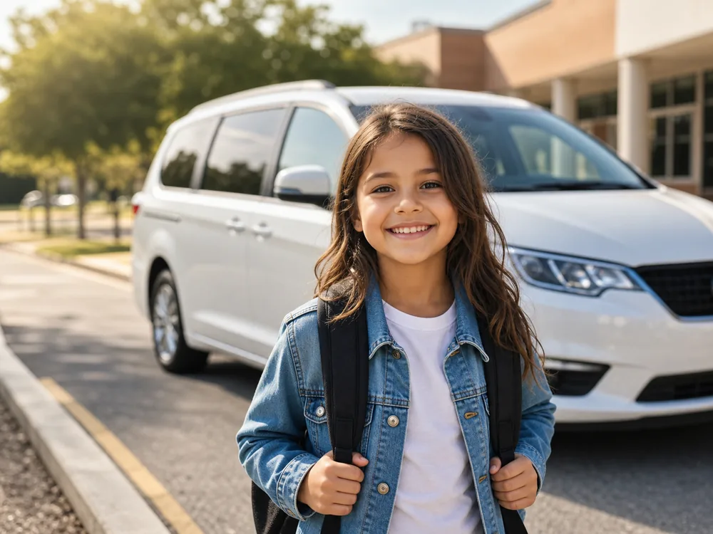 Smiling student near a TransitX minivan